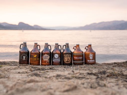 Penticton Ale Trail 7 growlers from craft breweries on the beach