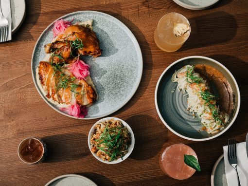 Kin + Folk table of food and drinks