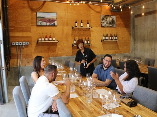 Bubbles Don't Count guests enjoying a barrel room tasting at Wesbert Winery.
