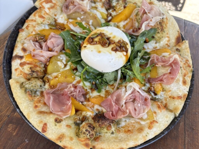 Sweetgrass at Nk'Mip Cellars' Peach & Prosciutto Flatbread