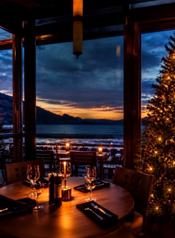 The Hooded Merganser restaurant table overlooking the lake at dusk with a sunset and christmas tree for the holidays